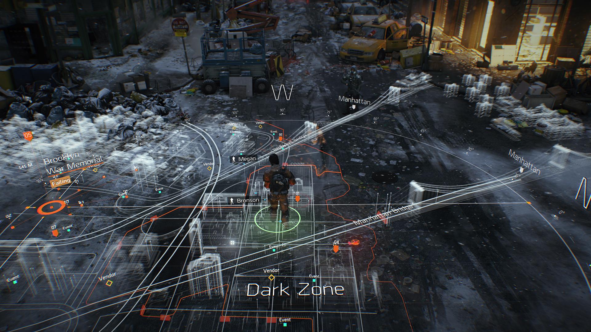 Video games are a rich source of UX experiments possible when rendering in 3d space without limitations. Here is an example of a full-environment, task-focused navigation app (The Division)